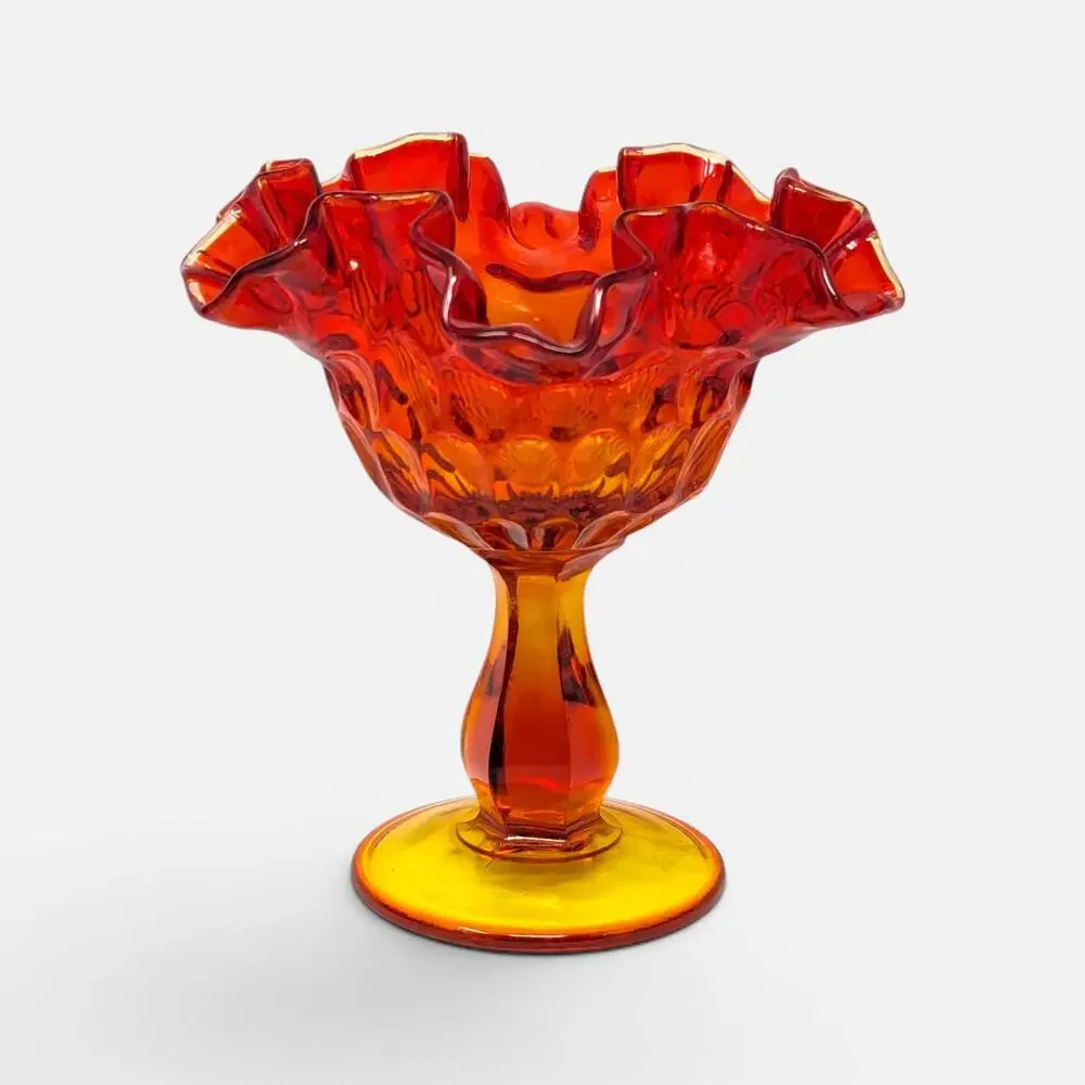 1960s Fenton Amberina Glass Ruffled Thumbprint Pedestal Compote